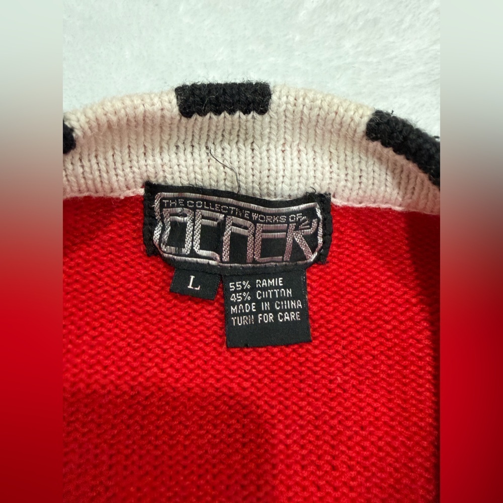 Vintage 90s Generra Dalmatian Dog Colorblock Chunky Knit Cardigan Sweater L - Picture 6 of 9